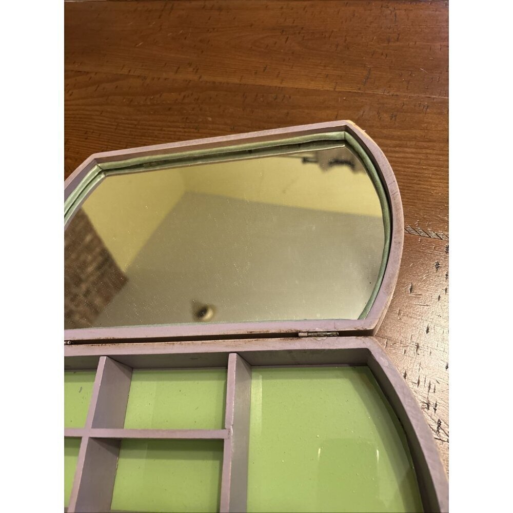 Vintage 1920’s Jewelry Box Wood Godey’s Fashion Label Opens To Vanity Mirror - Picture 8 of 11
